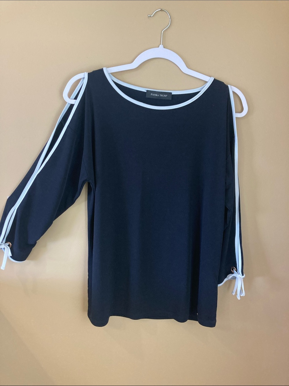 Ivanka Trump Navy Blue with White Trim Cold-Shoulder Tie Sleeves